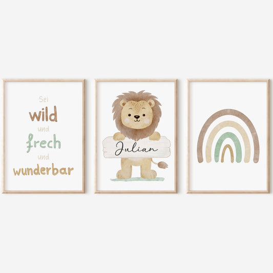 Geburtsposter 3er Set Löwe Safari Motivation personalisiert Kinderzimmer Affirmation