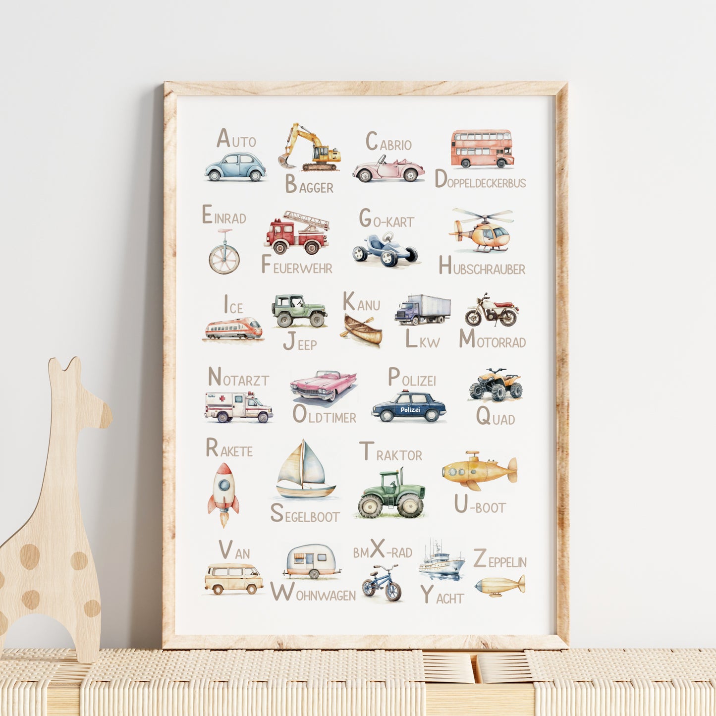 Kinderbild ABC Poster mit Fahrzeugen Alphabet Buchstaben Bild Lernposter Dekoration Kinderzimmer