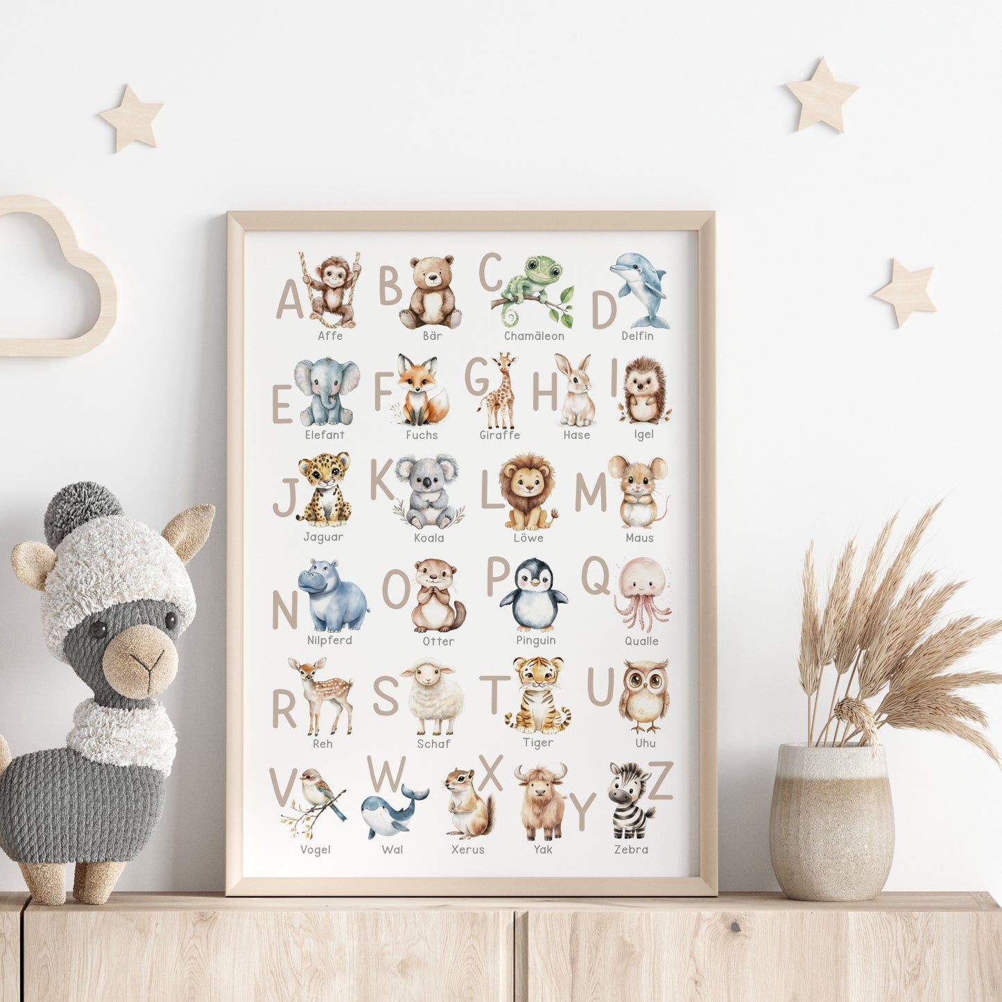 Kinderbild ABC Poster mit Tieren Alphabet Buchstaben Bild Lernposter Dekoration Kinderzimmer
