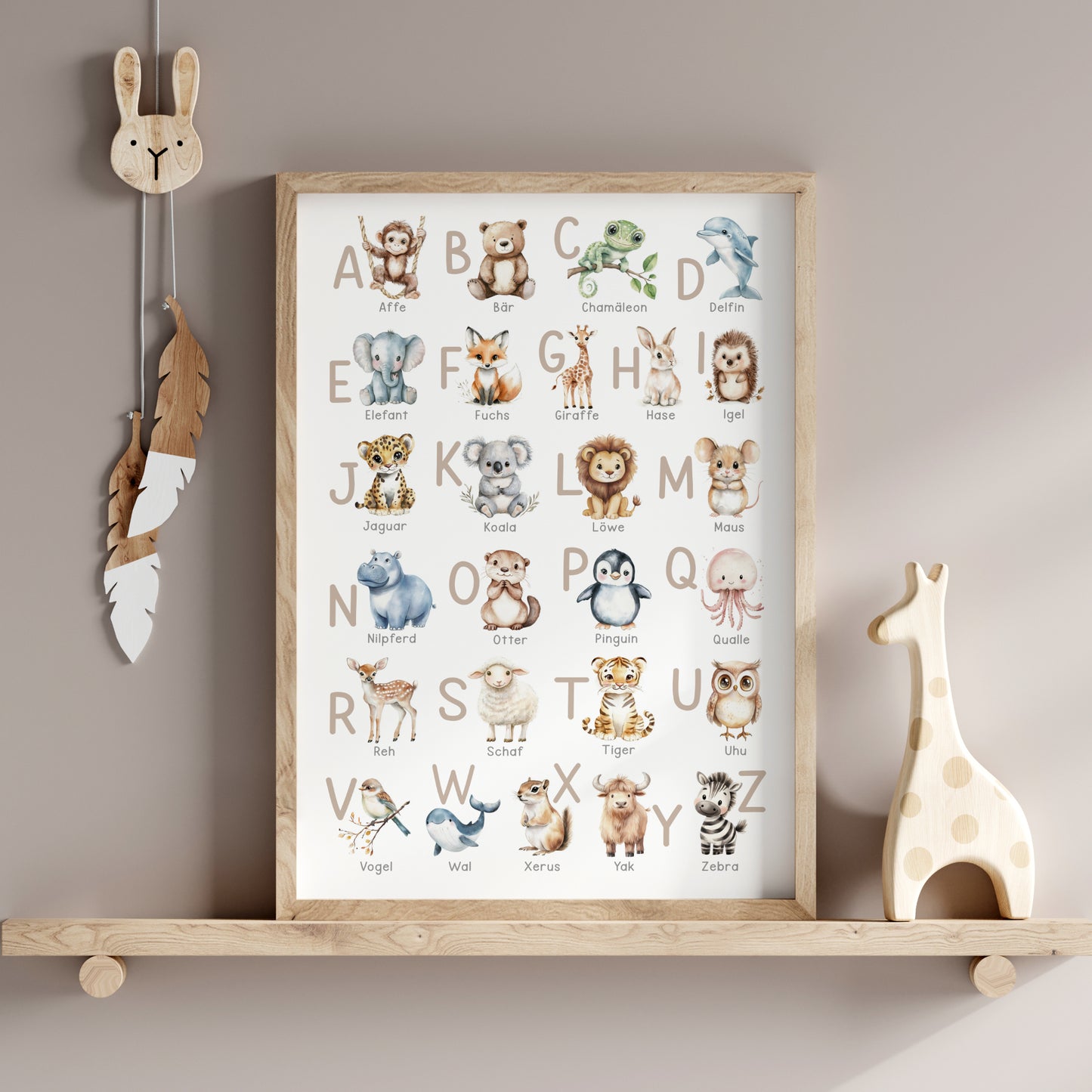 Kinderbild ABC Poster mit Tieren Alphabet Buchstaben Bild Lernposter Dekoration Kinderzimmer