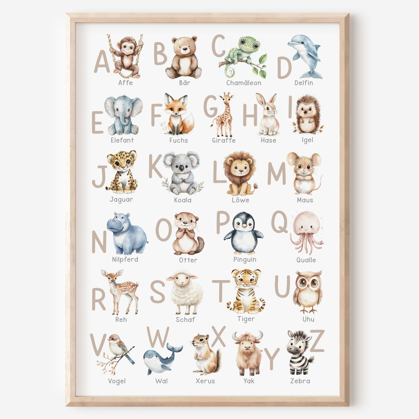 Kinderbild ABC Poster mit Tieren Alphabet Buchstaben Bild Lernposter Dekoration Kinderzimmer