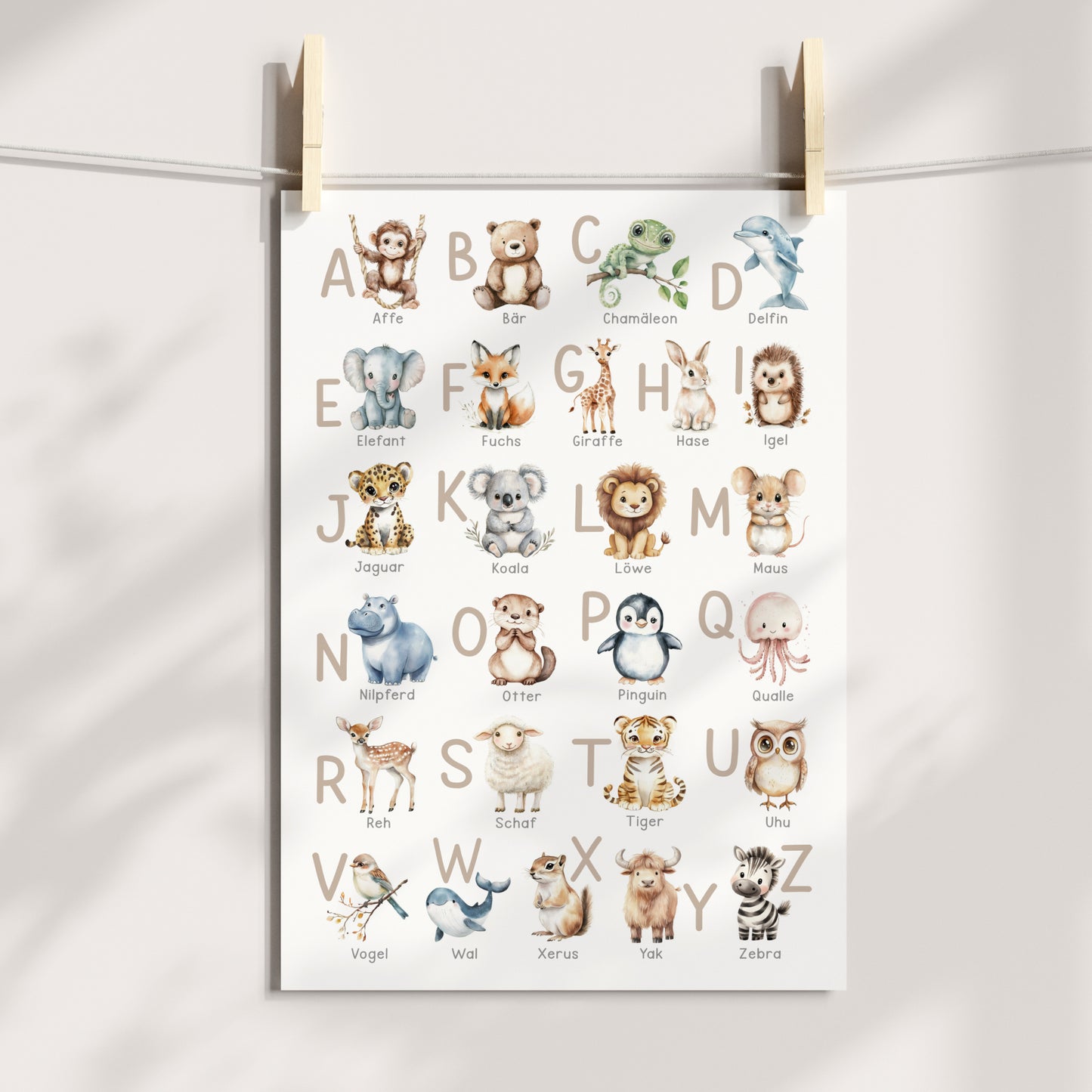 Kinderbild ABC Poster mit Tieren Alphabet Buchstaben Bild Lernposter Dekoration Kinderzimmer