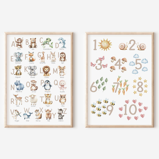 Kinderbild ABC und Zahlen Poster mit Tieren Alphabet Buchstaben Lernposter Dekoration Kinderzimmer