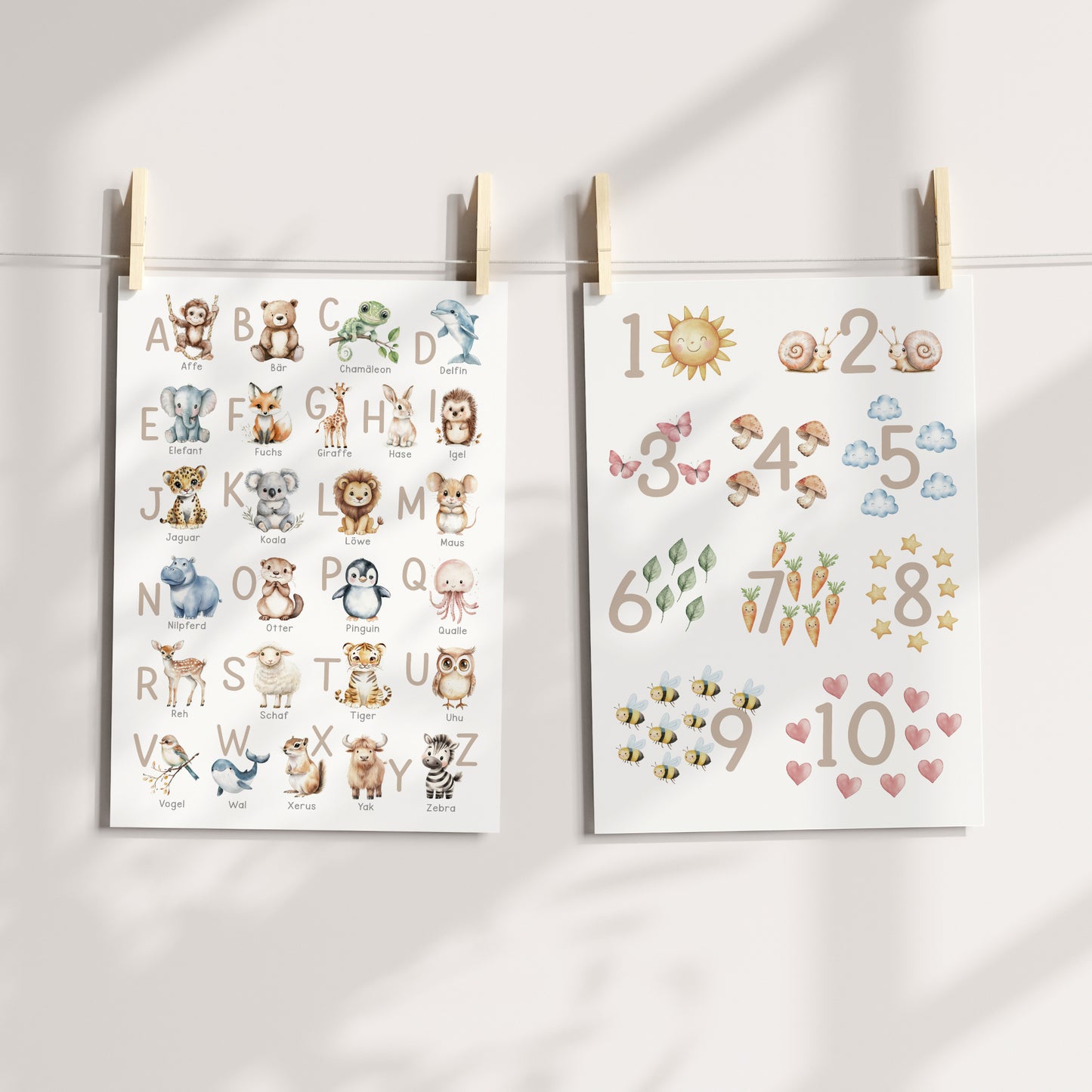 Kinderbild ABC und Zahlen Poster mit Tieren Alphabet Buchstaben Lernposter Dekoration Kinderzimmer