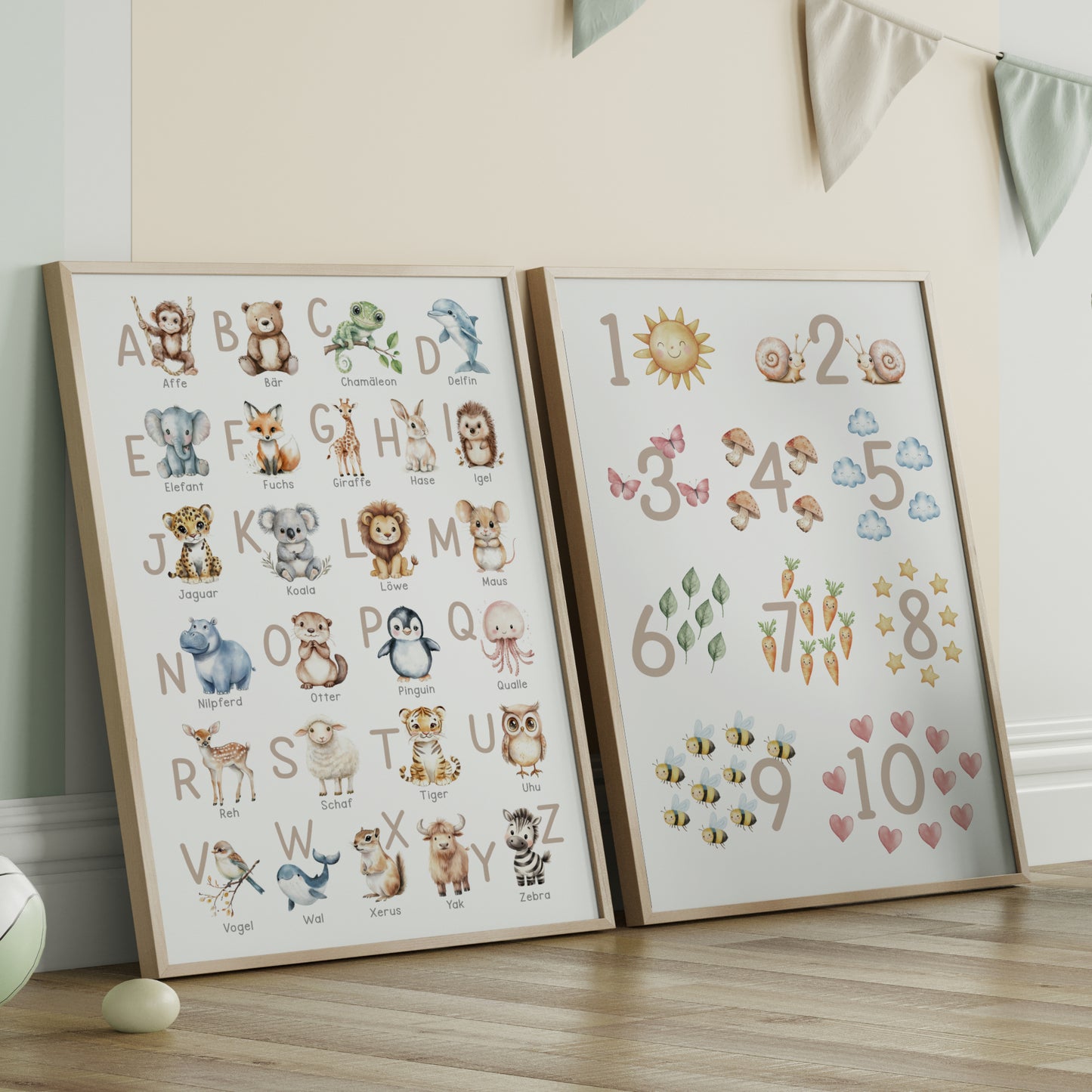 Kinderbild ABC und Zahlen Poster mit Tieren Alphabet Buchstaben Lernposter Dekoration Kinderzimmer