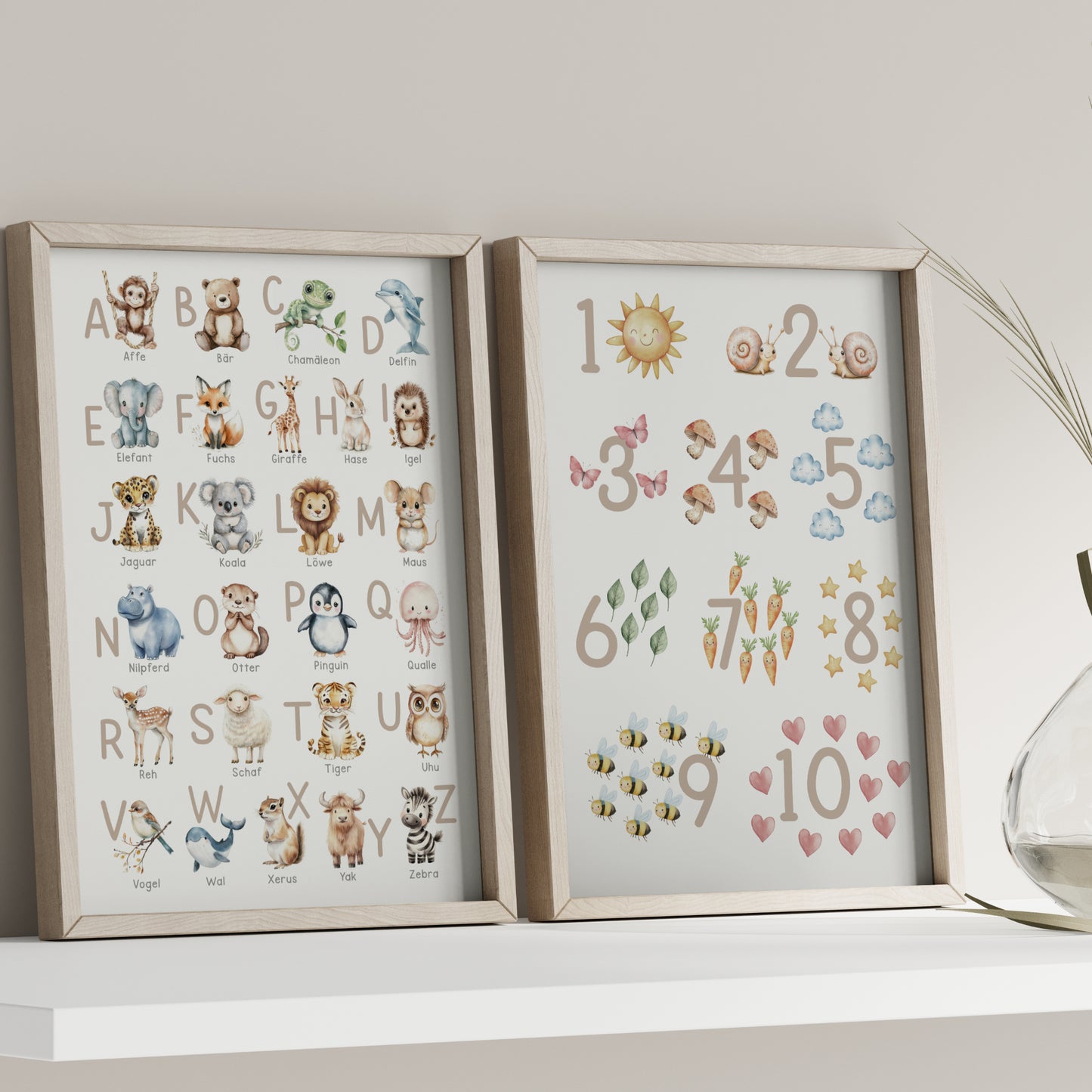 Kinderbild ABC und Zahlen Poster mit Tieren Alphabet Buchstaben Lernposter Dekoration Kinderzimmer