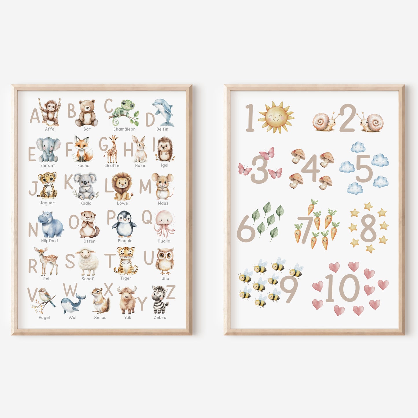 Kinderbild ABC und Zahlen Poster mit Tieren Alphabet Buchstaben Lernposter Dekoration Kinderzimmer