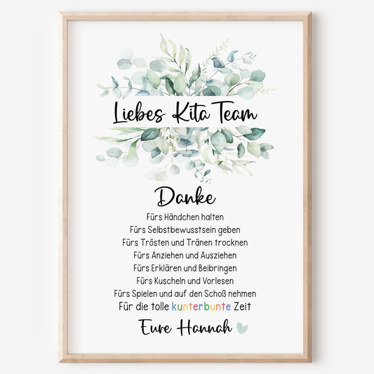 Abschiedsgeschenk Kita Erzieherin Kindergarten Kinderpflegerin Tagesmutter Poster Danke Eukalyptus