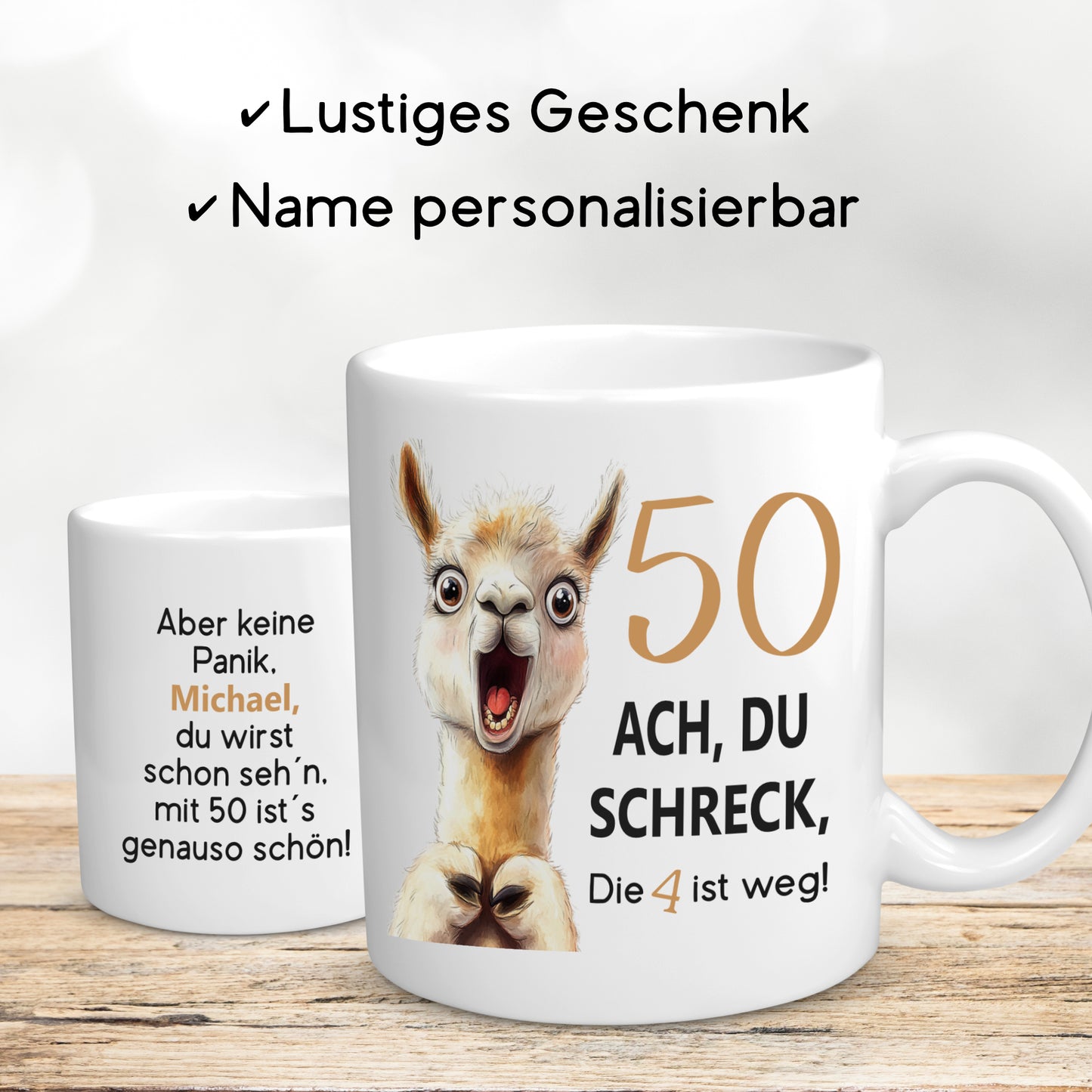 Tasse 50. Geburtstag Jubiläum Frau Mann | Lama Alpaka Ach du Schreck | personalisiert mit Name | Becher | Kaffeetasse | Kaffeebecher