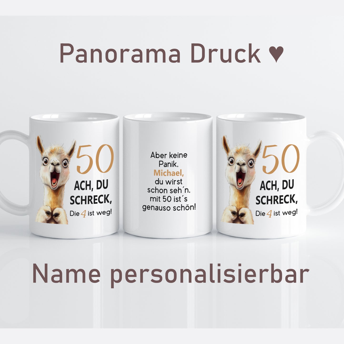Tasse 50. Geburtstag Jubiläum Frau Mann | Lama Alpaka Ach du Schreck | personalisiert mit Name | Becher | Kaffeetasse | Kaffeebecher