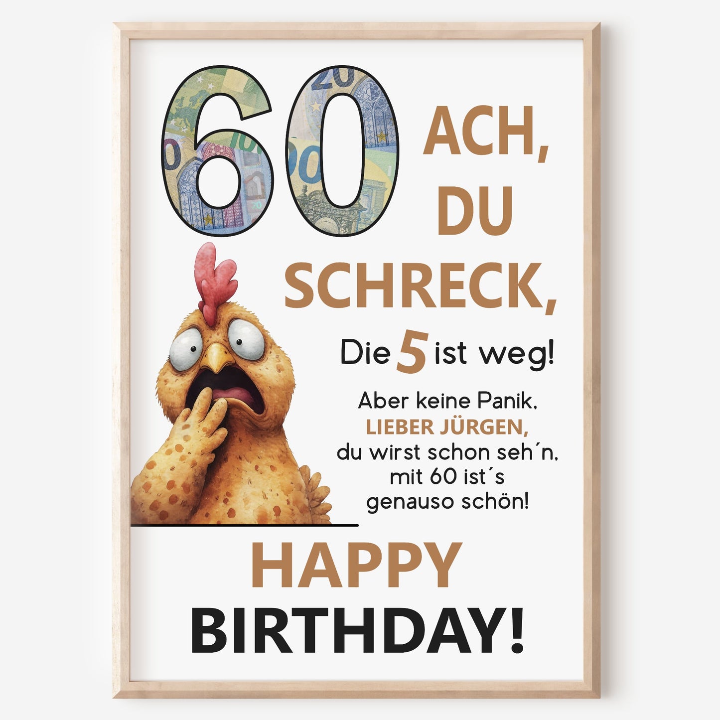 Geldgeschenk 60. Geburtstag Jubiläum runder Geburtstag Personalisiert Huhn Ach du Schreck