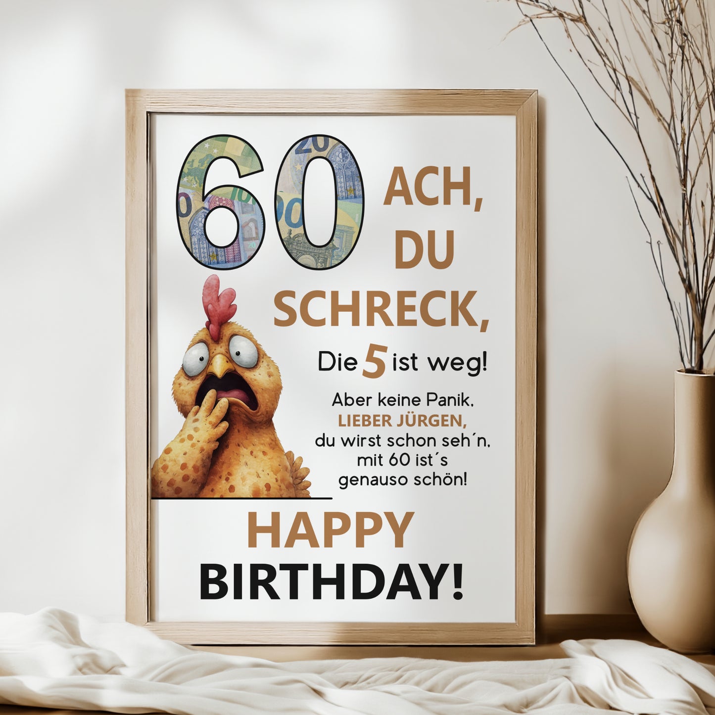 Geldgeschenk 60. Geburtstag Jubiläum runder Geburtstag Personalisiert Huhn Ach du Schreck