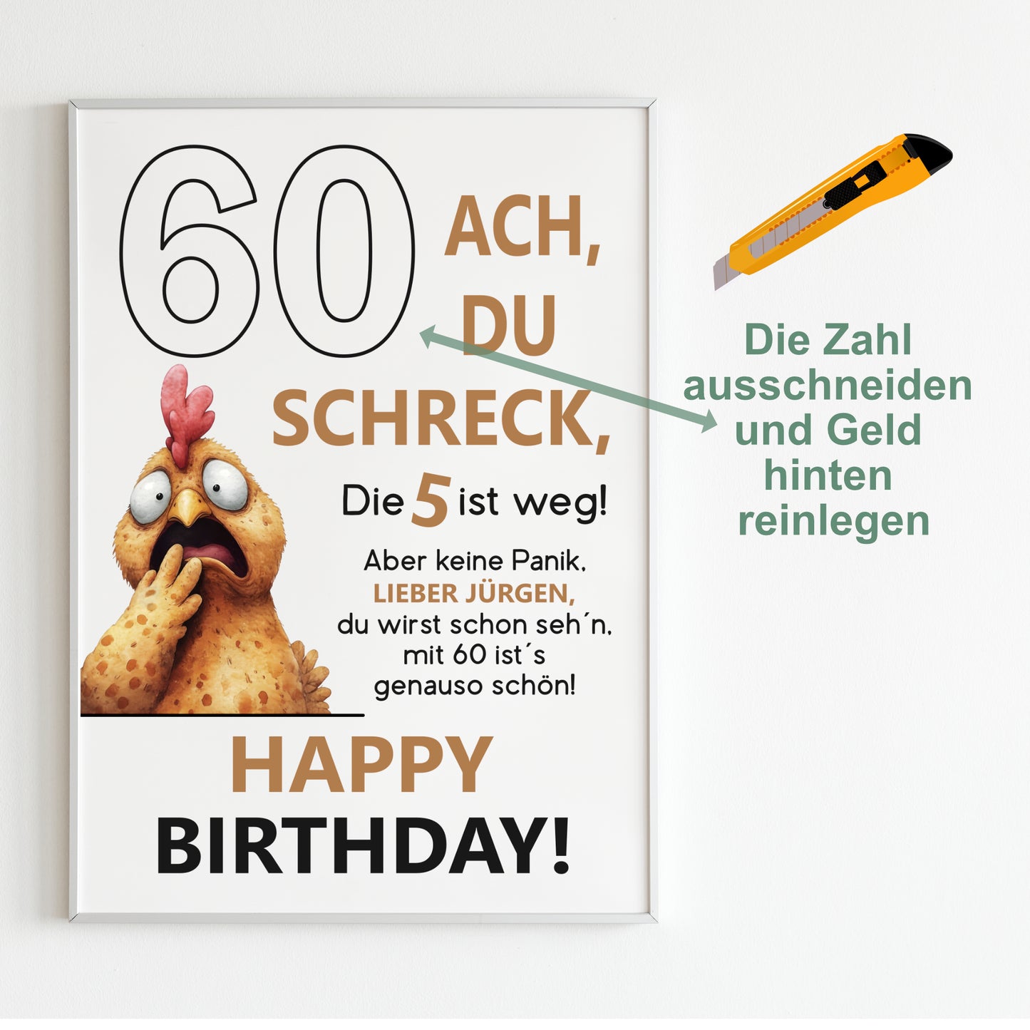 Geldgeschenk 60. Geburtstag Jubiläum runder Geburtstag Personalisiert Huhn Ach du Schreck