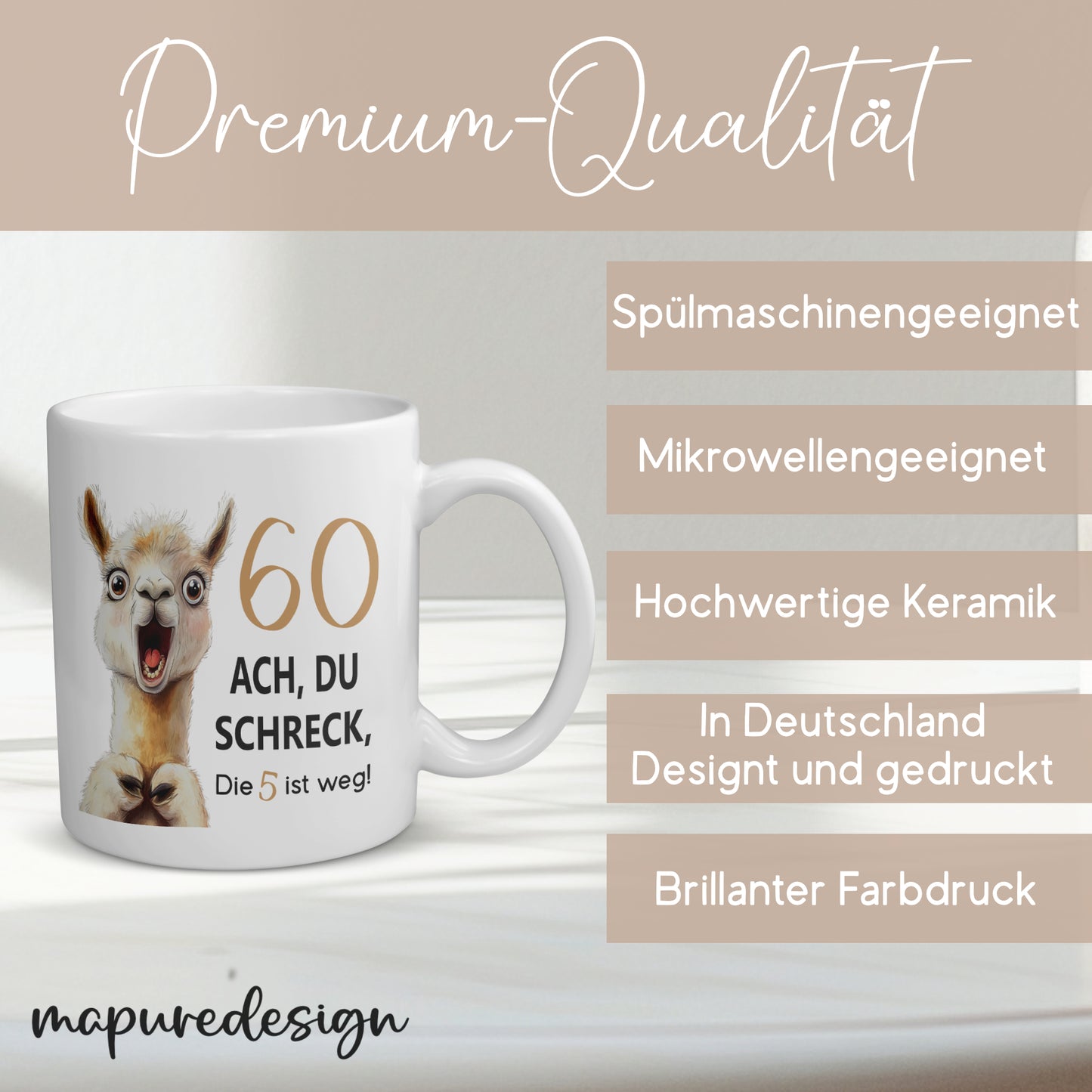 Tasse 60. Geburtstag Jubiläum Frau Mann | Lama Alpaka Ach du Schreck | personalisiert mit Name | Becher | Kaffeetasse | Kaffeebecher