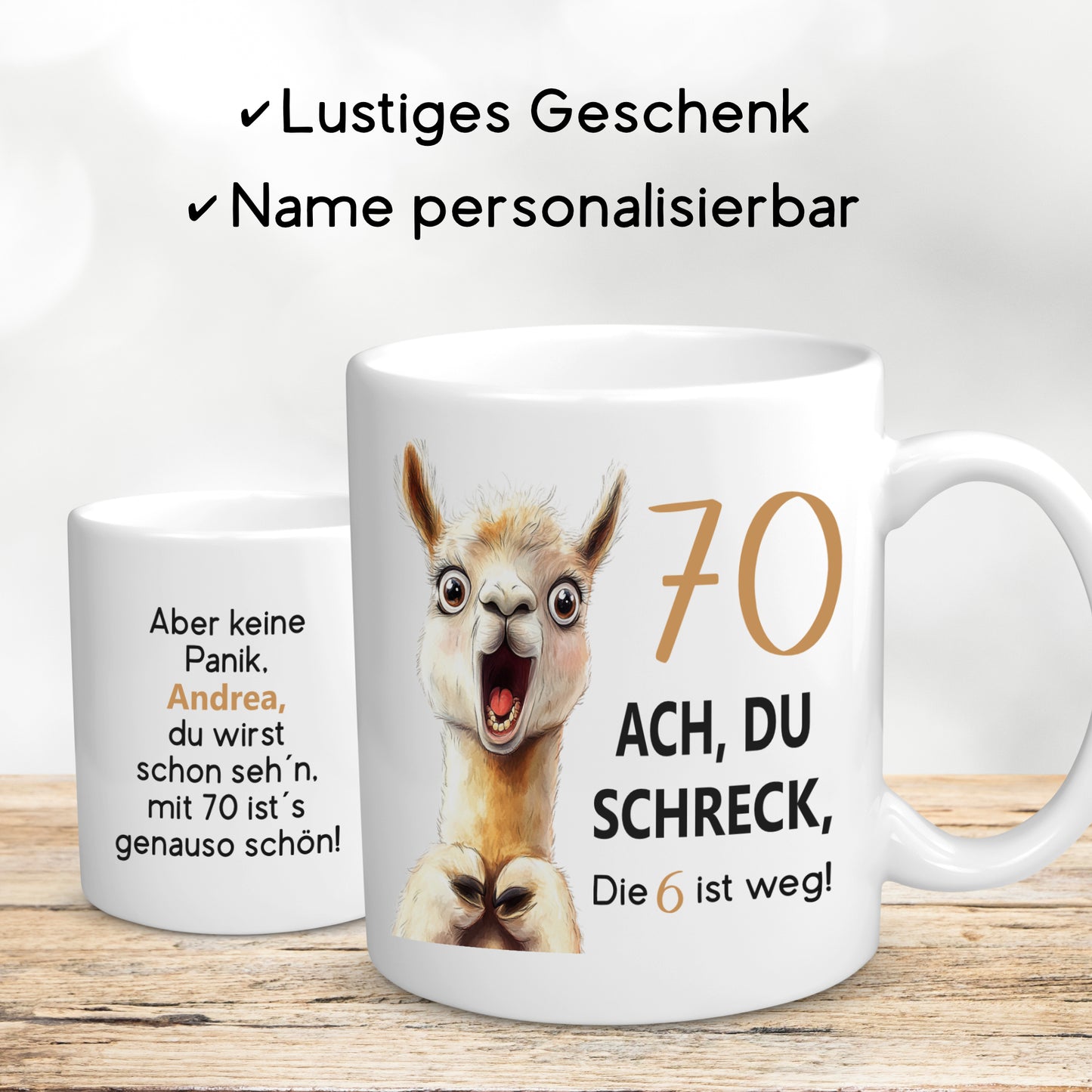 Tasse 70. Geburtstag Jubiläum Frau Mann | Lama Alpaka Ach du Schreck | personalisiert mit Name | Becher | Kaffeetasse | Kaffeebecher