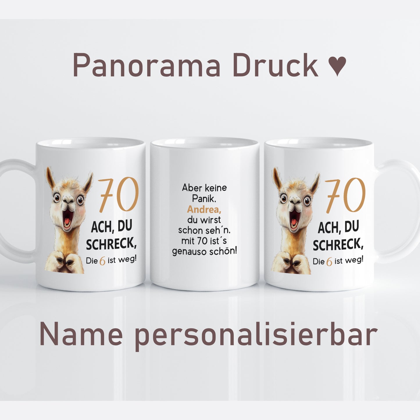 Tasse 70. Geburtstag Jubiläum Frau Mann | Lama Alpaka Ach du Schreck | personalisiert mit Name | Becher | Kaffeetasse | Kaffeebecher
