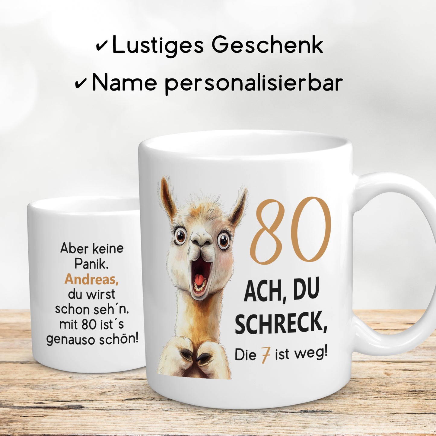 Tasse 80. Geburtstag Jubiläum Frau Mann | Lama Alpaka Ach du Schreck | personalisiert mit Name | Becher | Kaffeetasse | Kaffeebecher