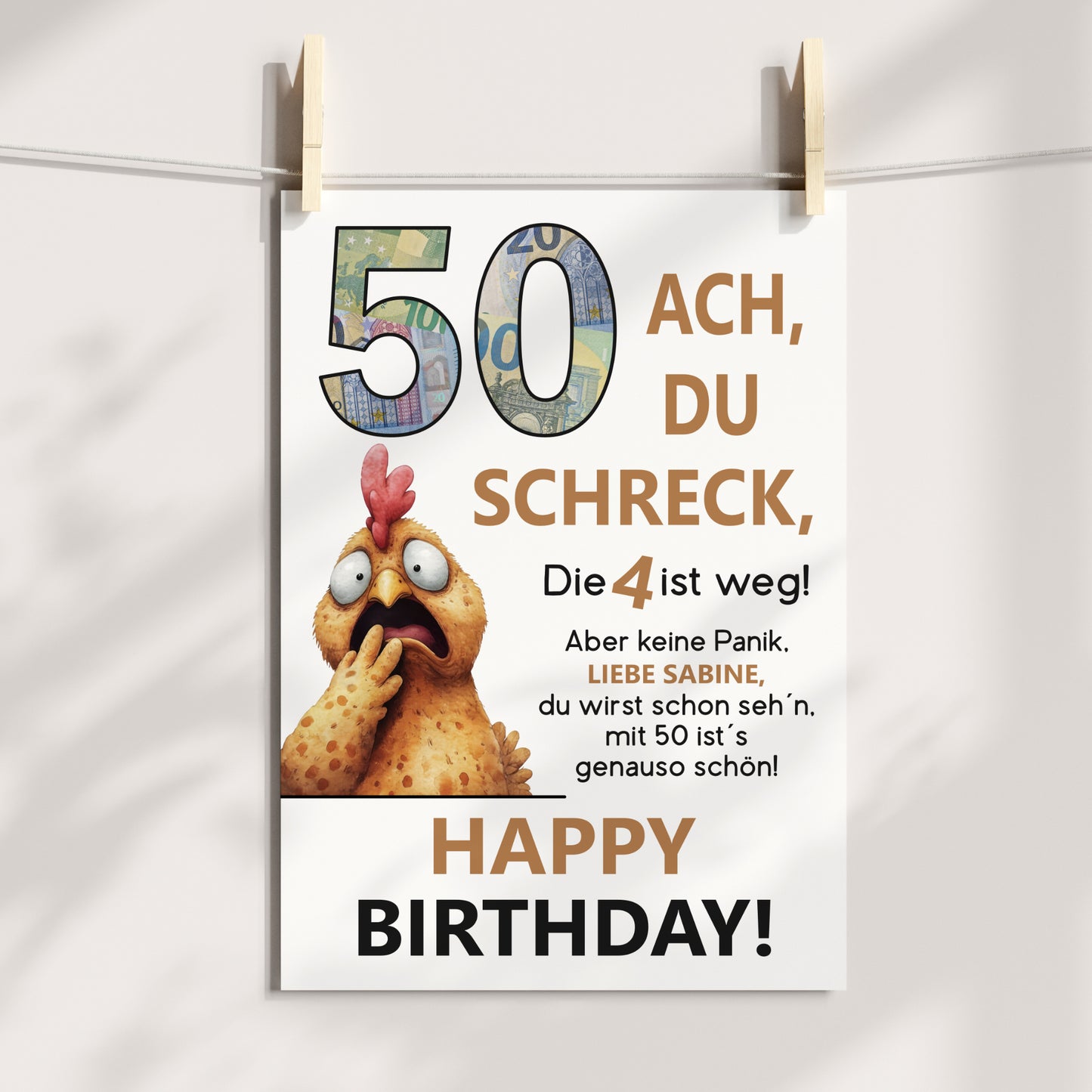 Geldgeschenk 50. Geburtstag Jubiläum runder Geburtstag Personalisiert Huhn Ach du Schreck