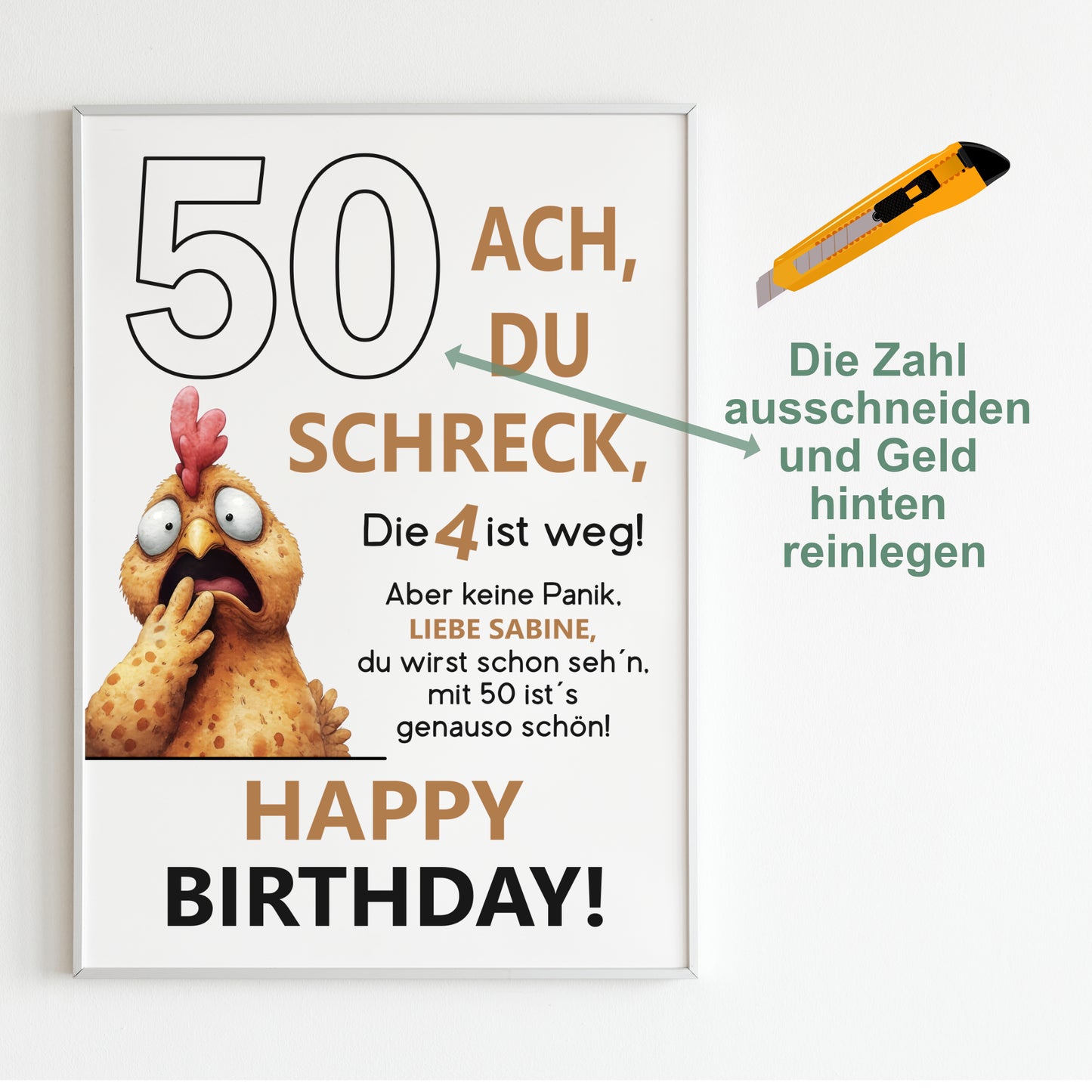 Geldgeschenk 50. Geburtstag Jubiläum runder Geburtstag Personalisiert Huhn Ach du Schreck