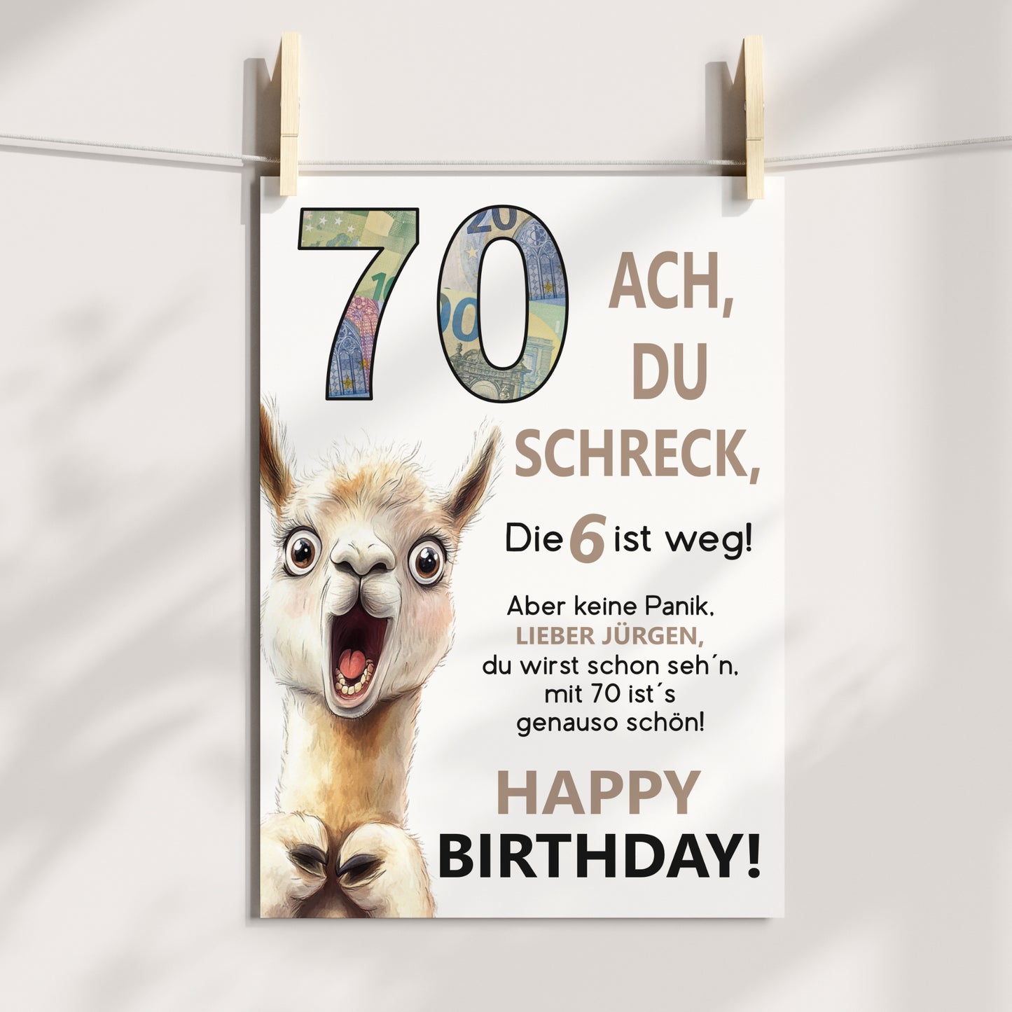 Geldgeschenk 70. Geburtstag Jubiläum runder Geburtstag Personalisiert Lama Alpaka Ach du Schreck