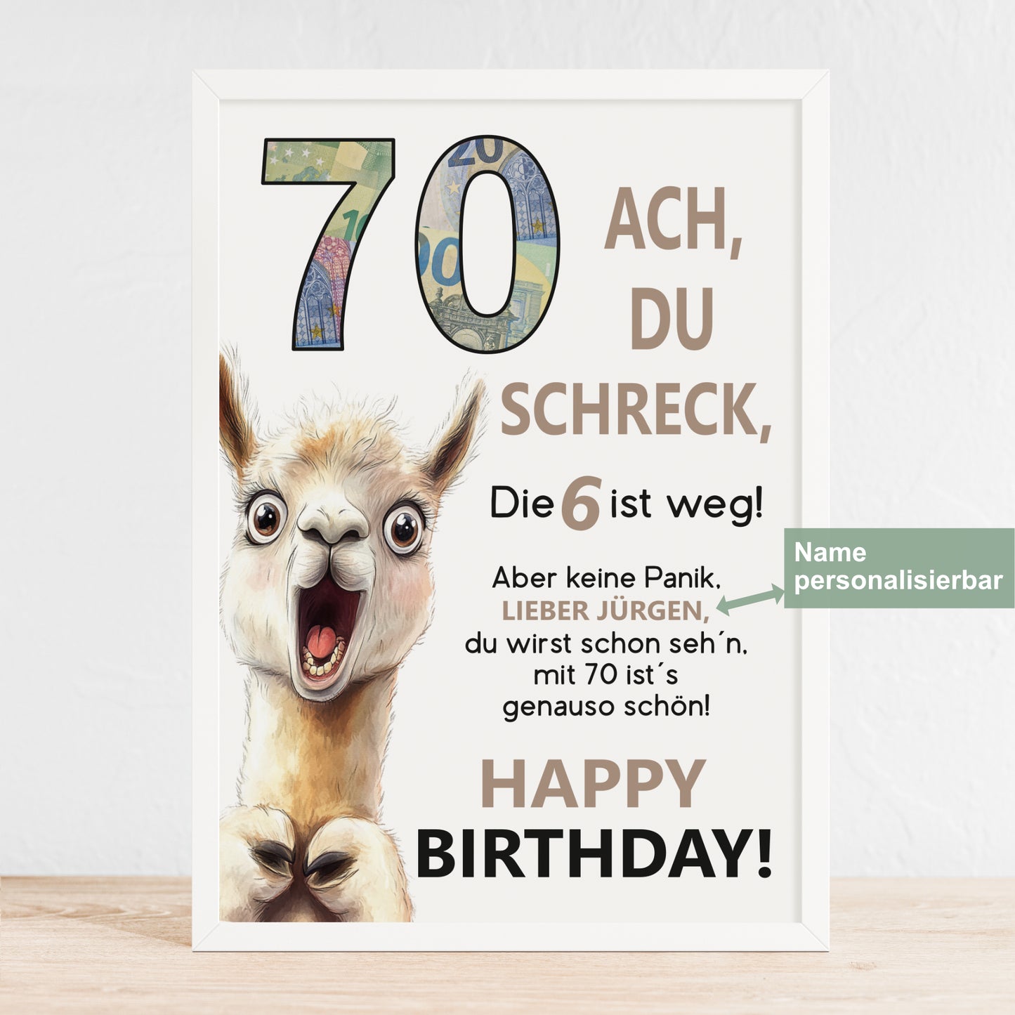 Geldgeschenk 70. Geburtstag Jubiläum runder Geburtstag Personalisiert Lama Alpaka Ach du Schreck