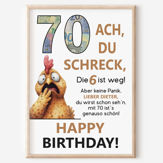 Geldgeschenk 70. Geburtstag Jubiläum runder Geburtstag Personalisiert Huhn Ach du Schreck