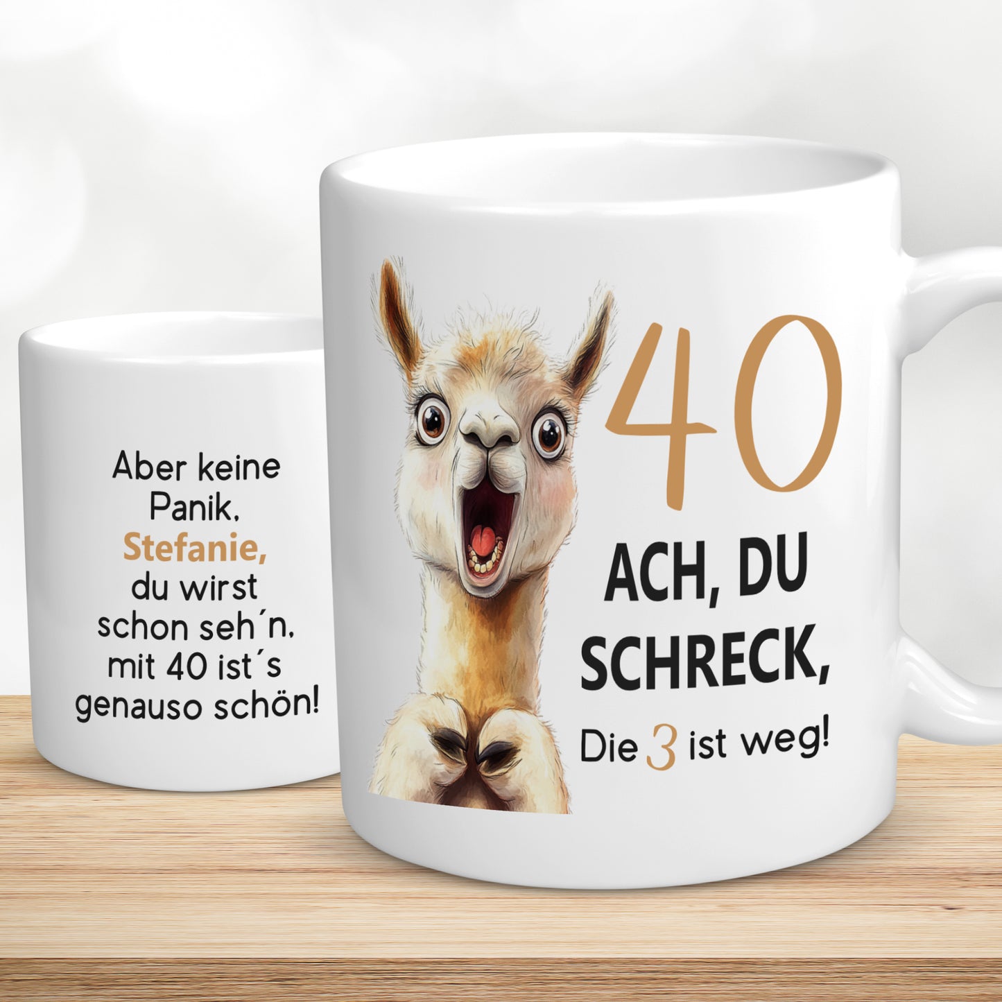 Tasse 40. Geburtstag Jubiläum Frau Mann | Lama Alpaka Ach du Schreck | personalisiert mit Name | Becher | Kaffeetasse | Kaffeebecher