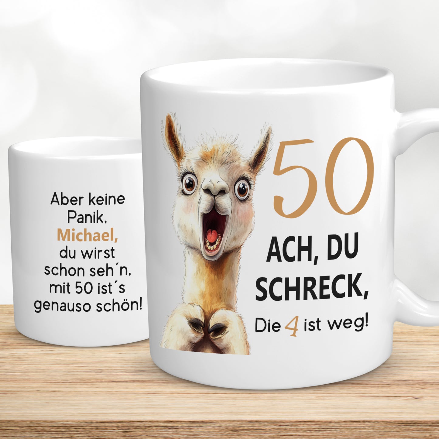 Tasse 50. Geburtstag Jubiläum Frau Mann | Lama Alpaka Ach du Schreck | personalisiert mit Name | Becher | Kaffeetasse | Kaffeebecher