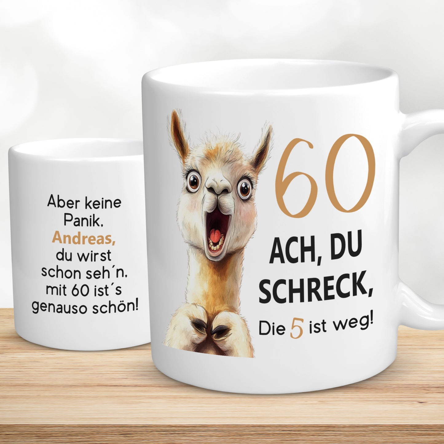Tasse 60. Geburtstag Jubiläum Frau Mann | Lama Alpaka Ach du Schreck | personalisiert mit Name | Becher | Kaffeetasse | Kaffeebecher