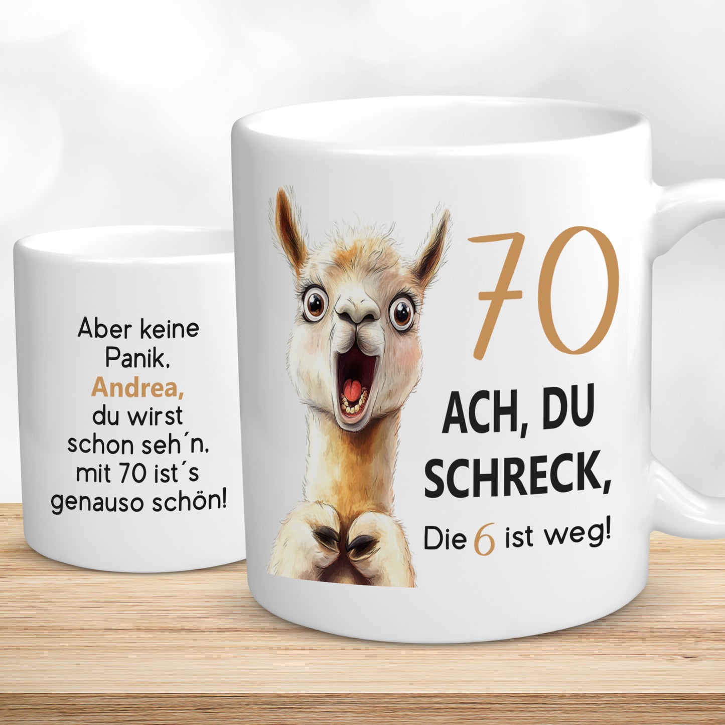 Tasse 70. Geburtstag Jubiläum Frau Mann | Lama Alpaka Ach du Schreck | personalisiert mit Name | Becher | Kaffeetasse | Kaffeebecher