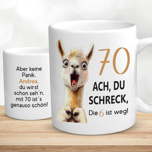 Tasse 70. Geburtstag Jubiläum Frau Mann | Lama Alpaka Ach du Schreck | personalisiert mit Name | Becher | Kaffeetasse | Kaffeebecher