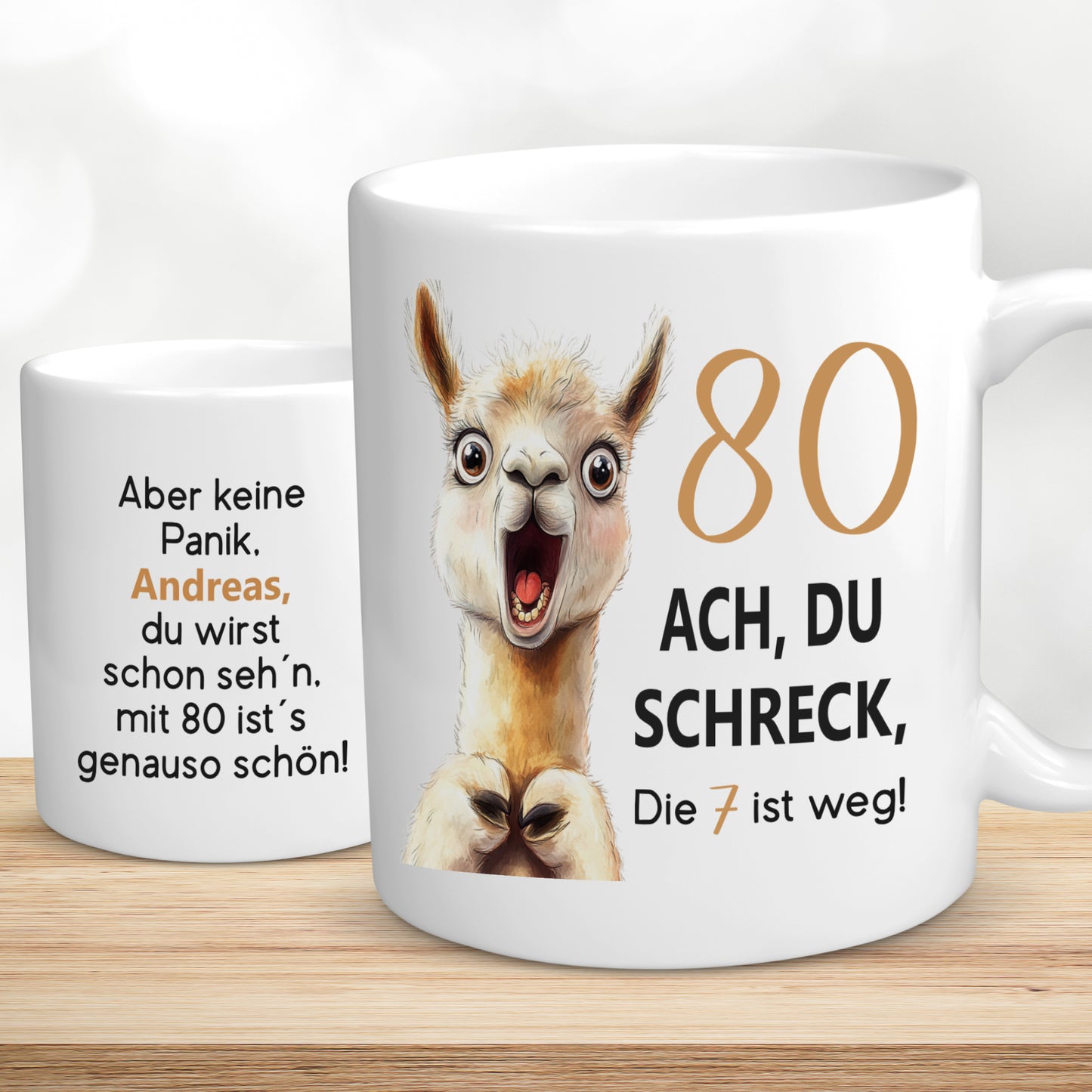 Tasse 80. Geburtstag Jubiläum Frau Mann | Lama Alpaka Ach du Schreck | personalisiert mit Name | Becher | Kaffeetasse | Kaffeebecher