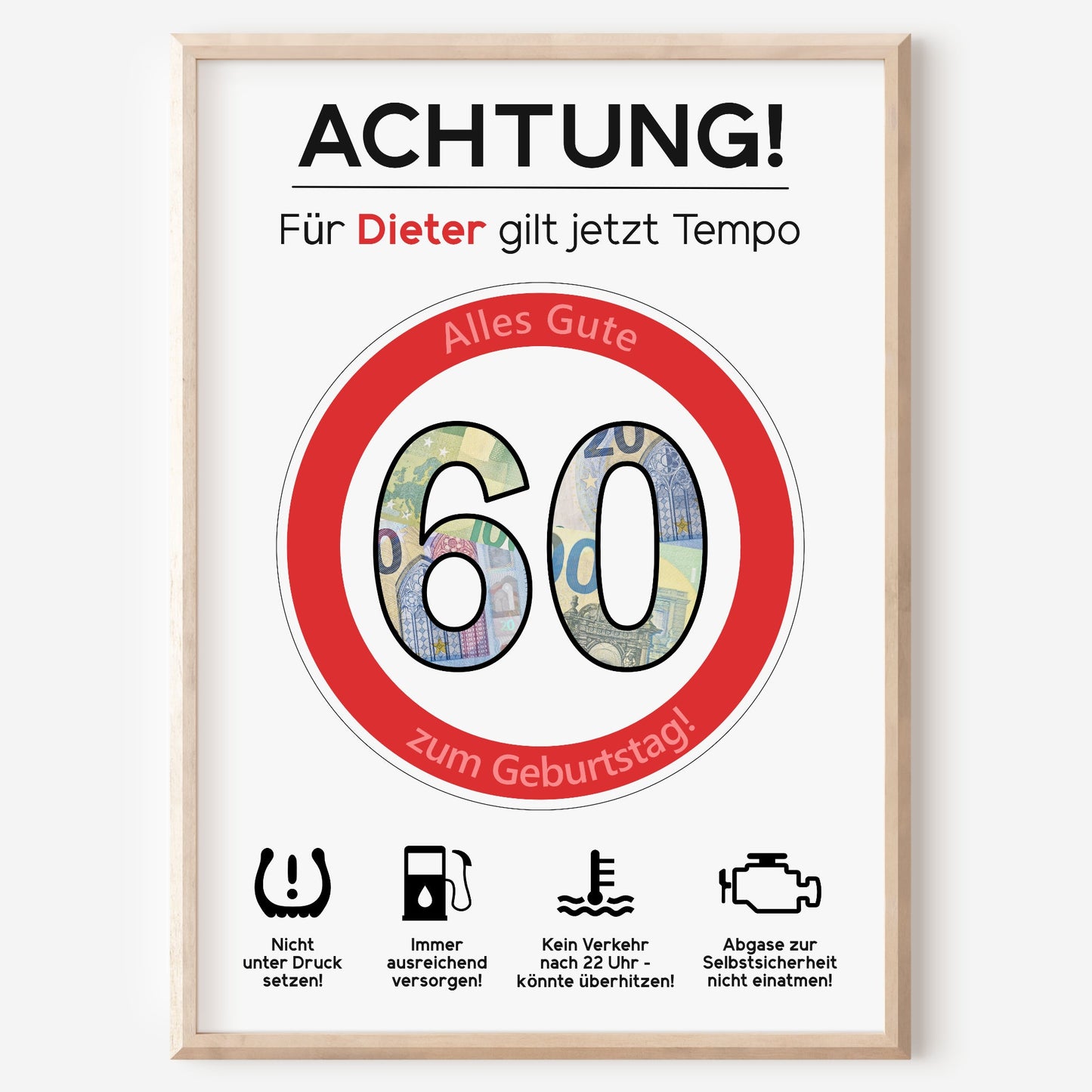 Geldgeschenk 60. Geburtstag Achtung Tempo Jubiläum runder Geburtstag Personalisiert Verkehrsschild