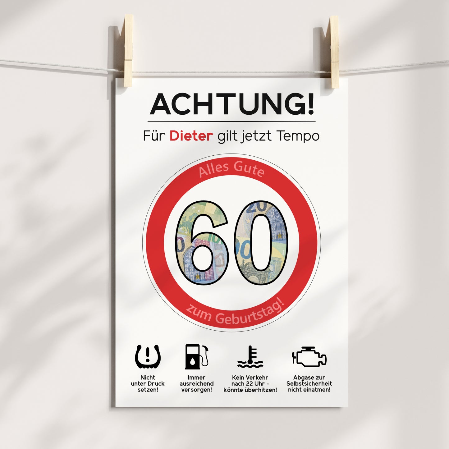 Geldgeschenk 60. Geburtstag Achtung Tempo Jubiläum runder Geburtstag Personalisiert Verkehrsschild
