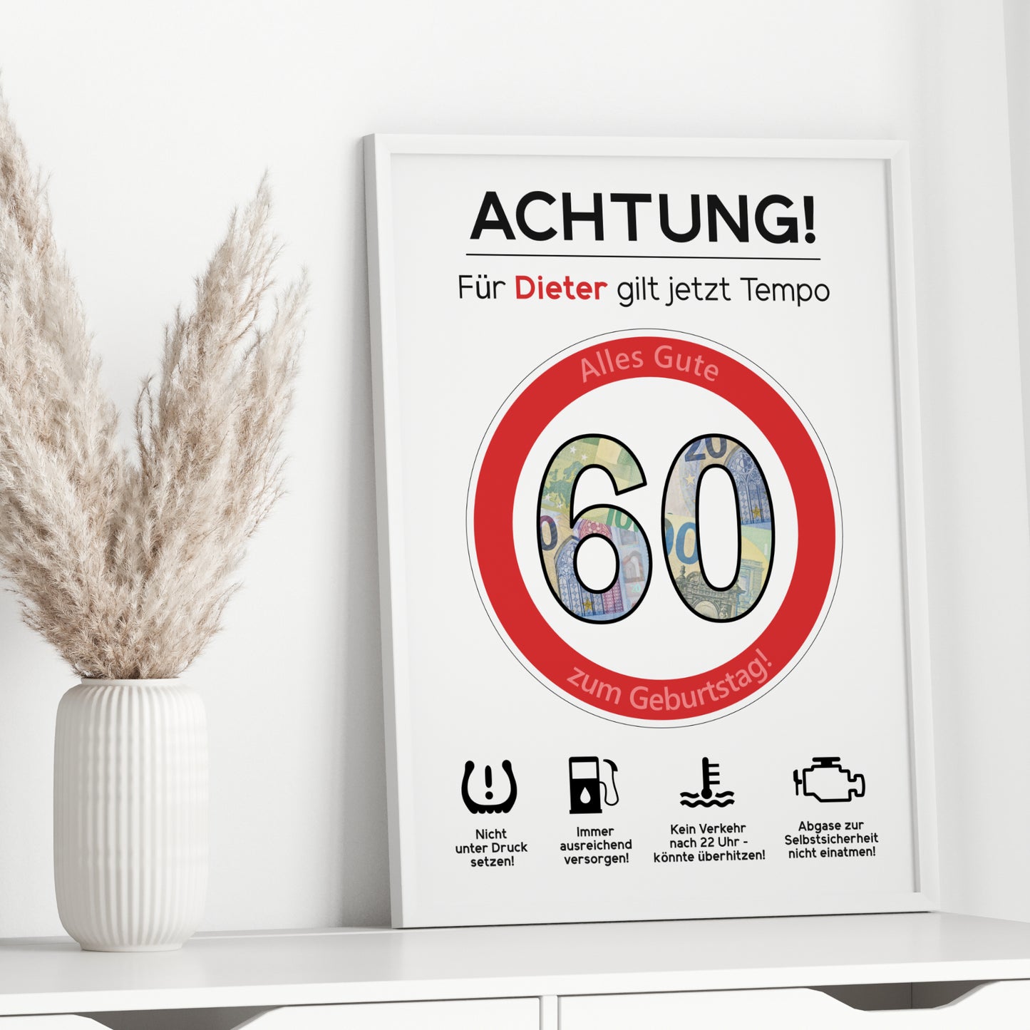 Geldgeschenk 60. Geburtstag Achtung Tempo Jubiläum runder Geburtstag Personalisiert Verkehrsschild