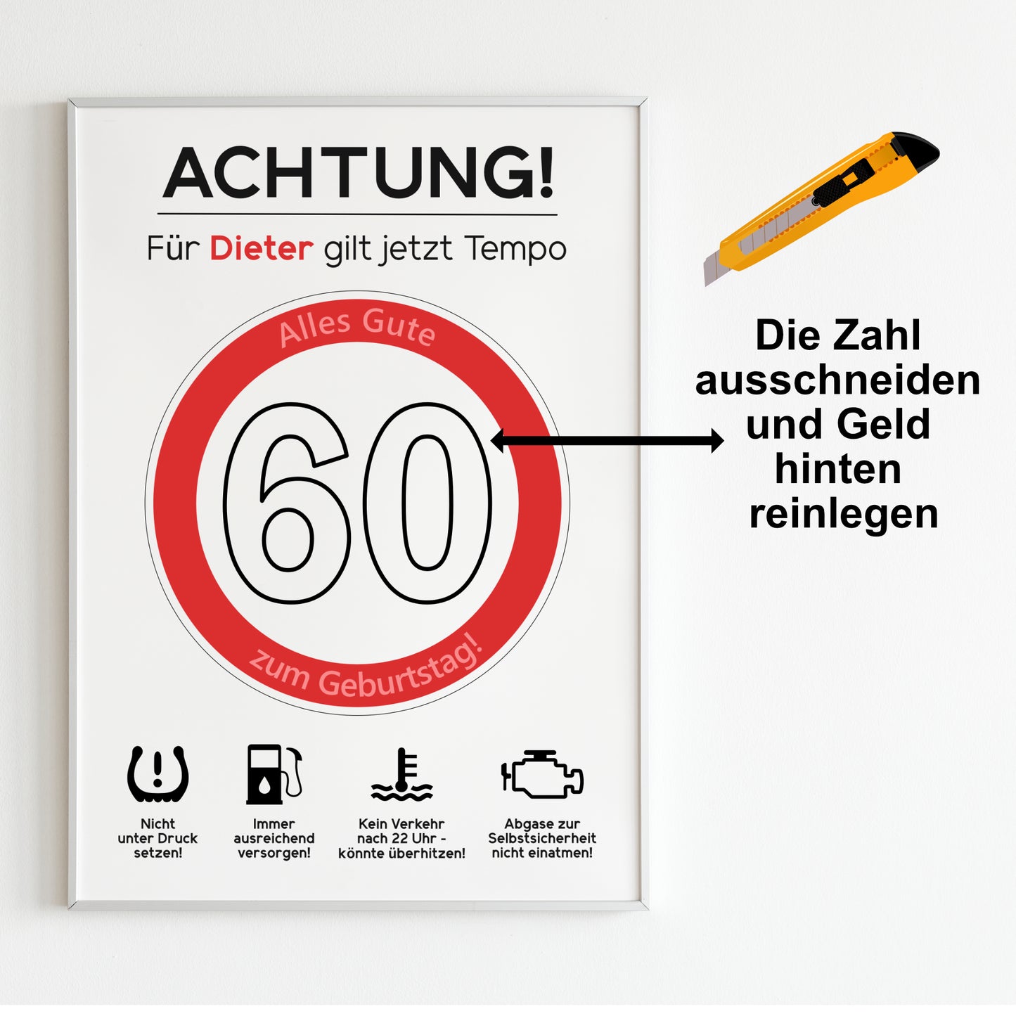 Geldgeschenk 60. Geburtstag Achtung Tempo Jubiläum runder Geburtstag Personalisiert Verkehrsschild