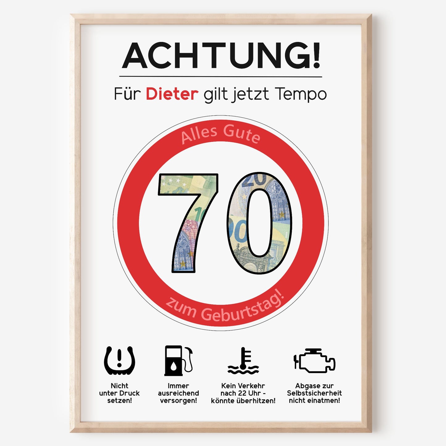 Geldgeschenk 70. Geburtstag Achtung Tempo Jubiläum runder Geburtstag Personalisiert Verkehrsschild