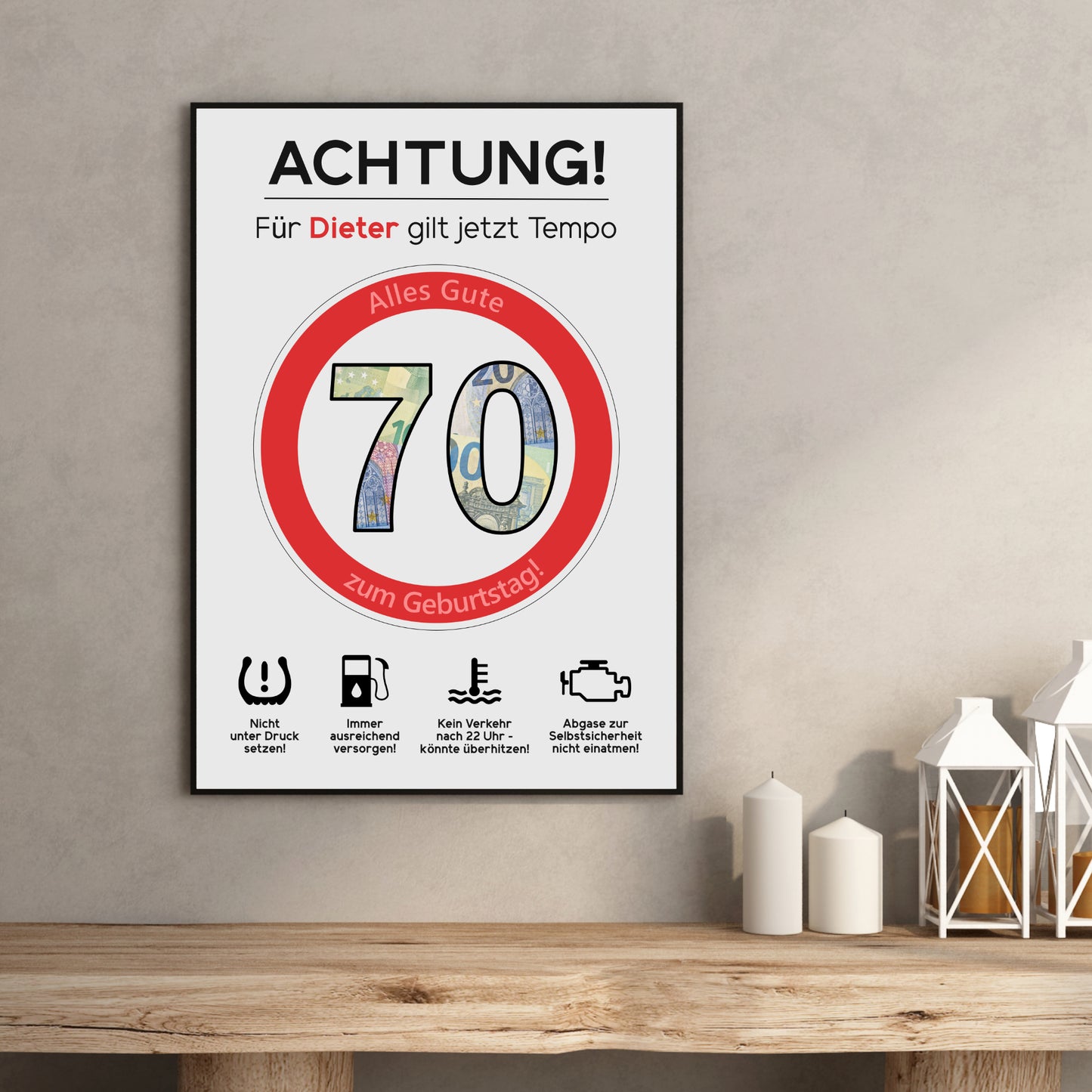 Geldgeschenk 70. Geburtstag Achtung Tempo Jubiläum runder Geburtstag Personalisiert Verkehrsschild