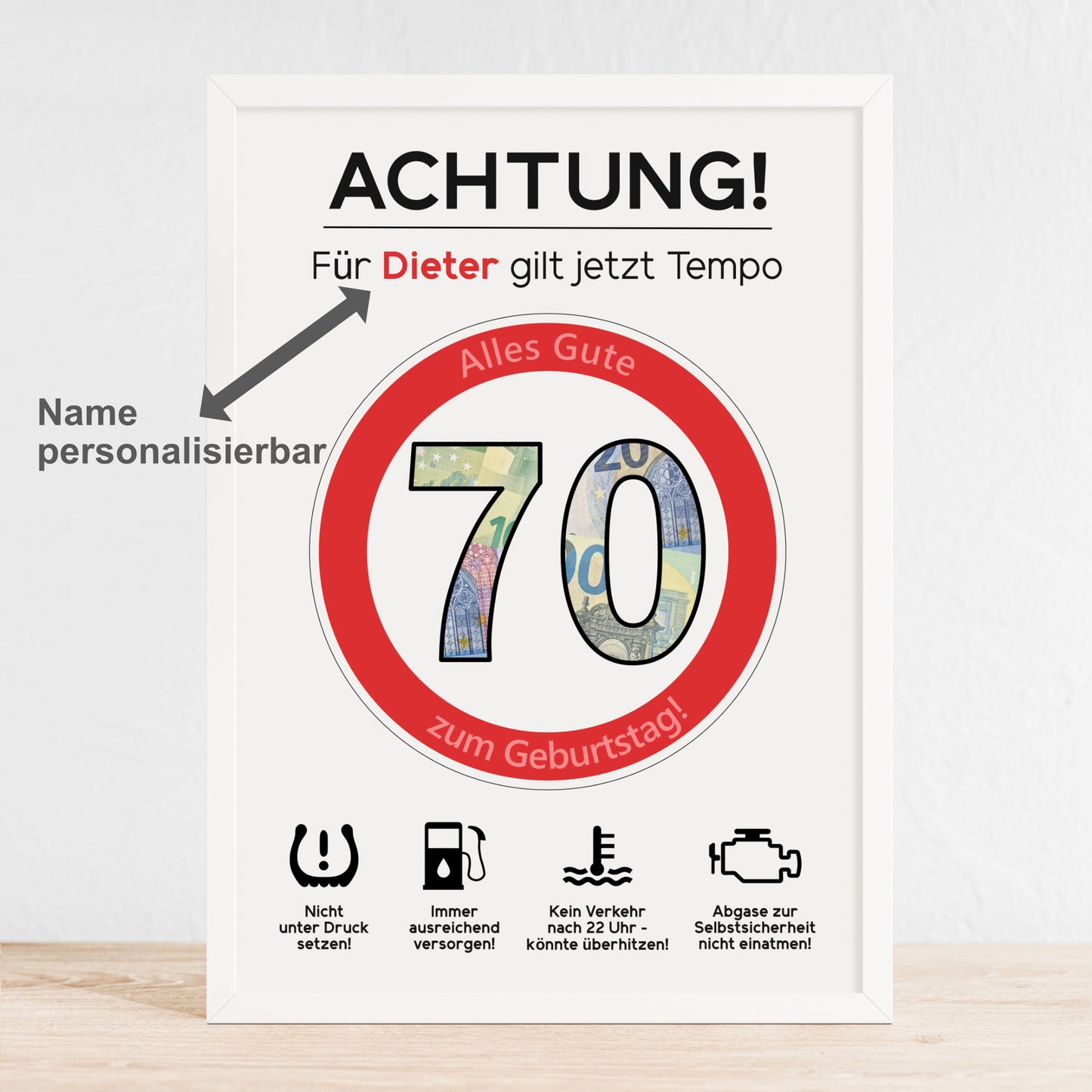 Geldgeschenk 70. Geburtstag Achtung Tempo Jubiläum runder Geburtstag Personalisiert Verkehrsschild
