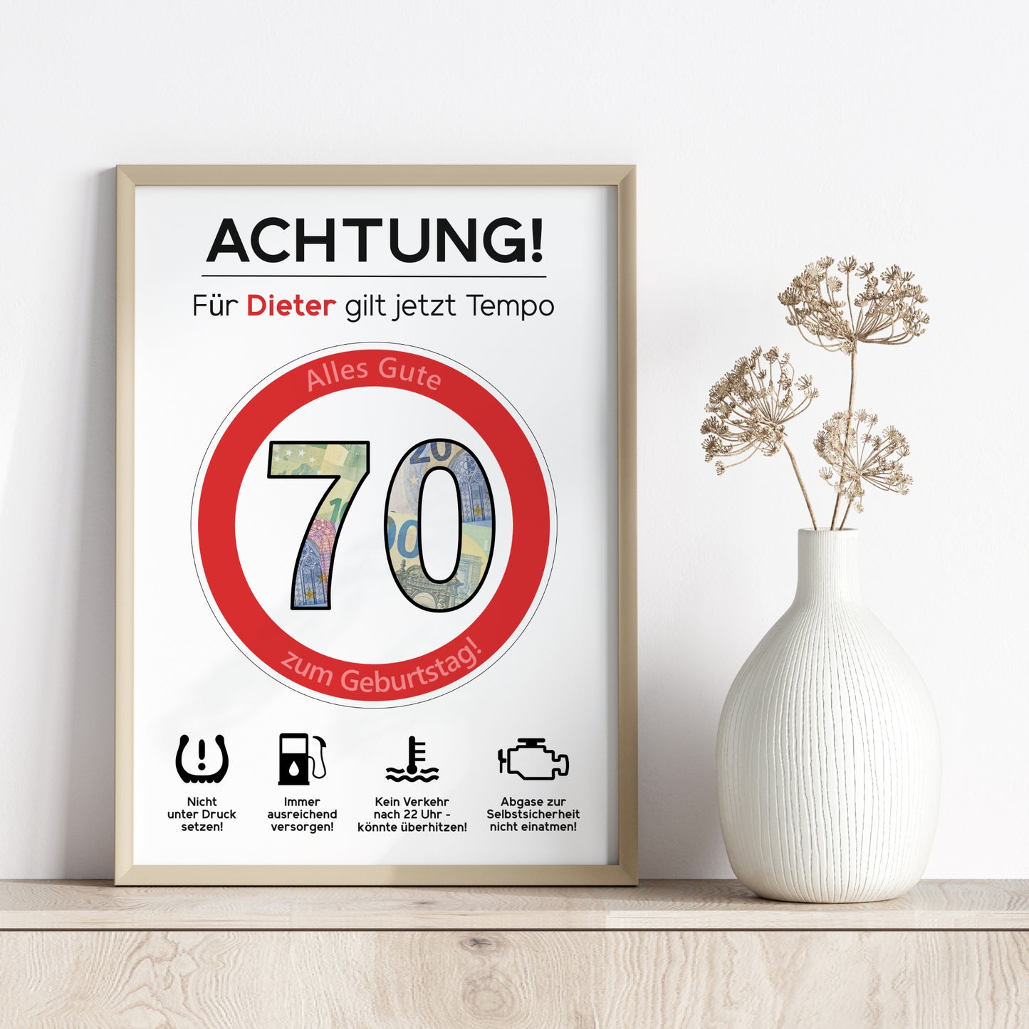 Geldgeschenk 70. Geburtstag Achtung Tempo Jubiläum runder Geburtstag Personalisiert Verkehrsschild