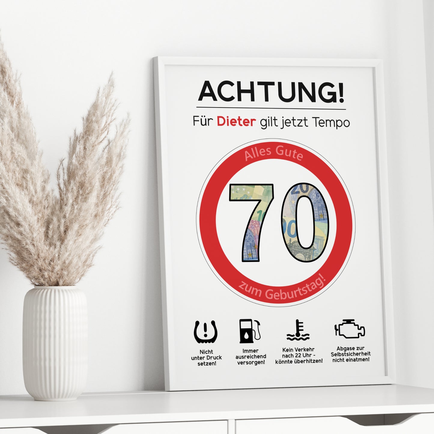 Geldgeschenk 70. Geburtstag Achtung Tempo Jubiläum runder Geburtstag Personalisiert Verkehrsschild