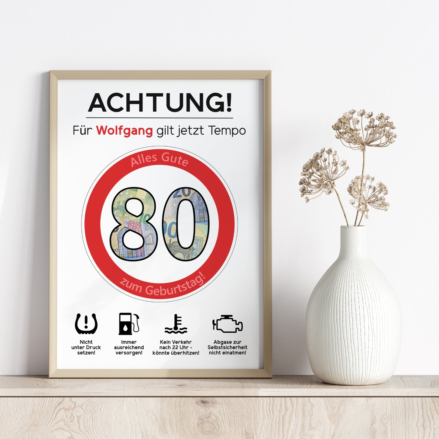 Geldgeschenk 80. Geburtstag Achtung Tempo Jubiläum runder Geburtstag Personalisiert Verkehrsschild