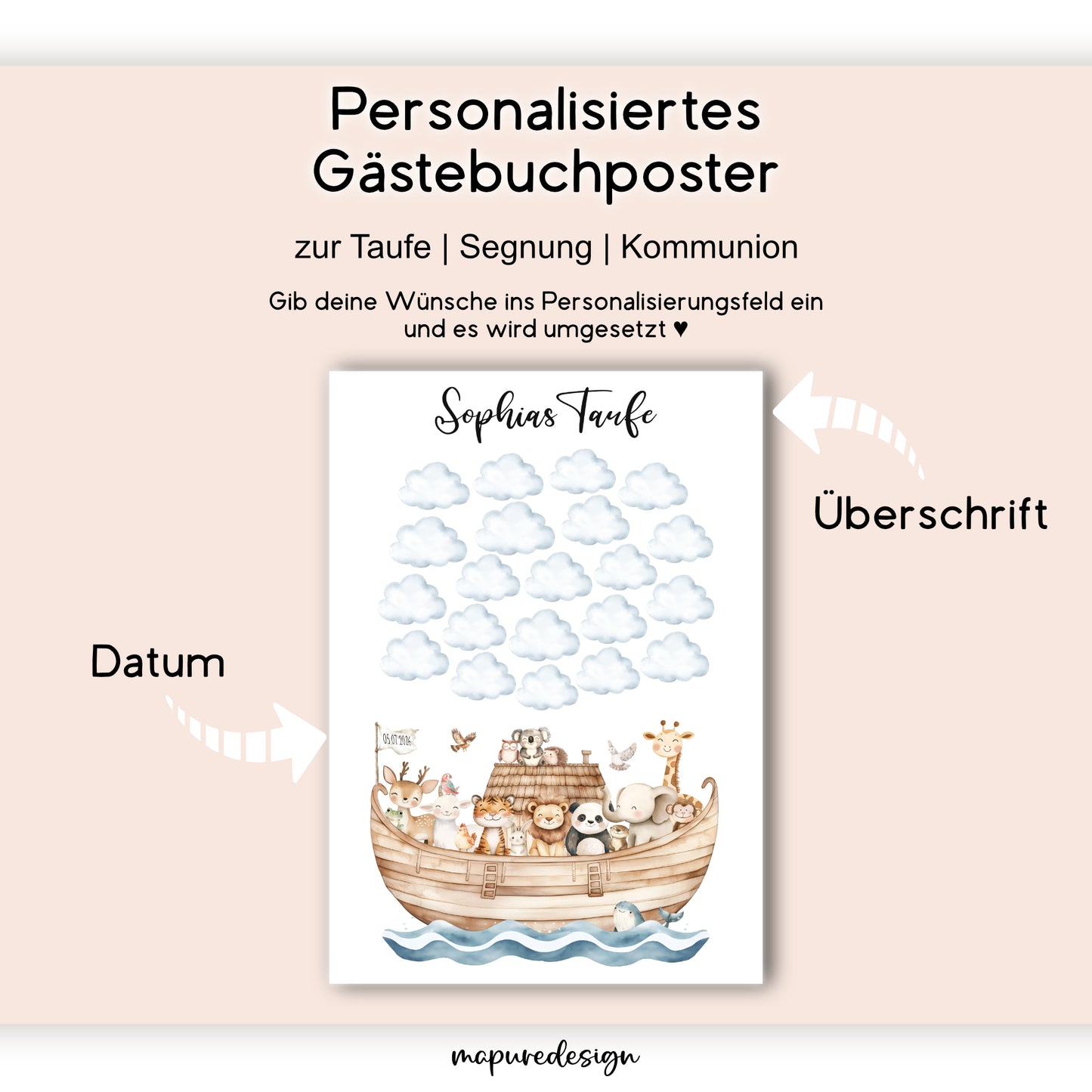 Gästeposter Taufe Arche Noah Wolken Gästebuch personalisiert