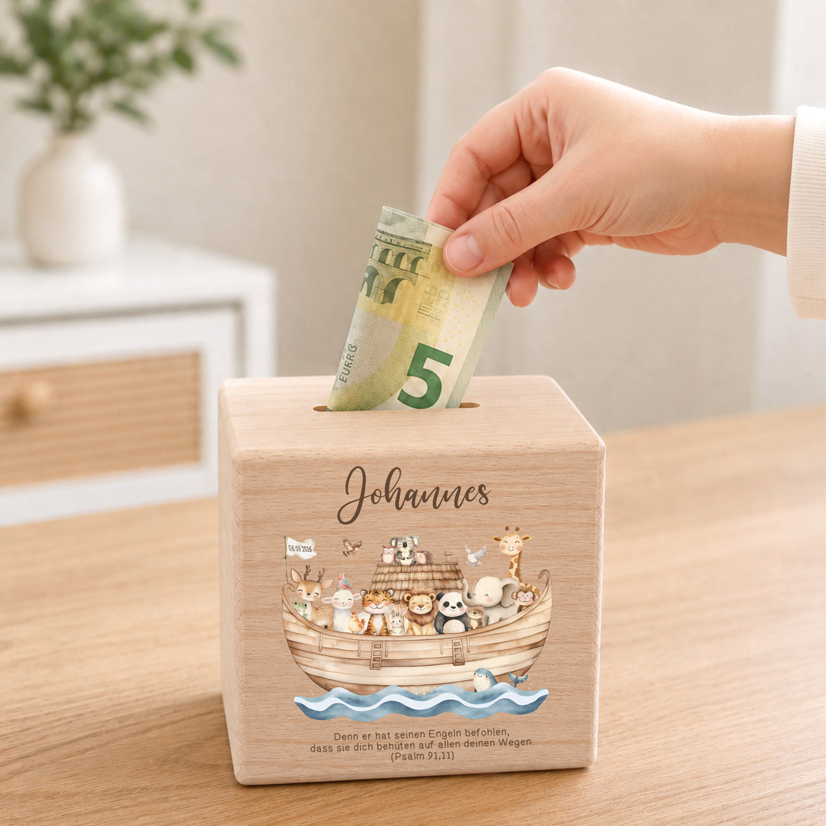 Holzspardose für Taufkinder personalisiert mit Namen + Spruch als Geschenk zur Taufe mit Arche Noah