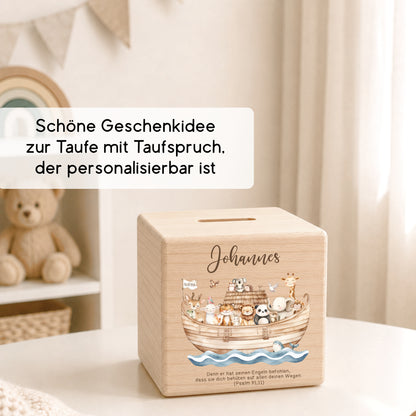Holzspardose für Taufkinder personalisiert mit Namen + Spruch als Geschenk zur Taufe mit Arche Noah