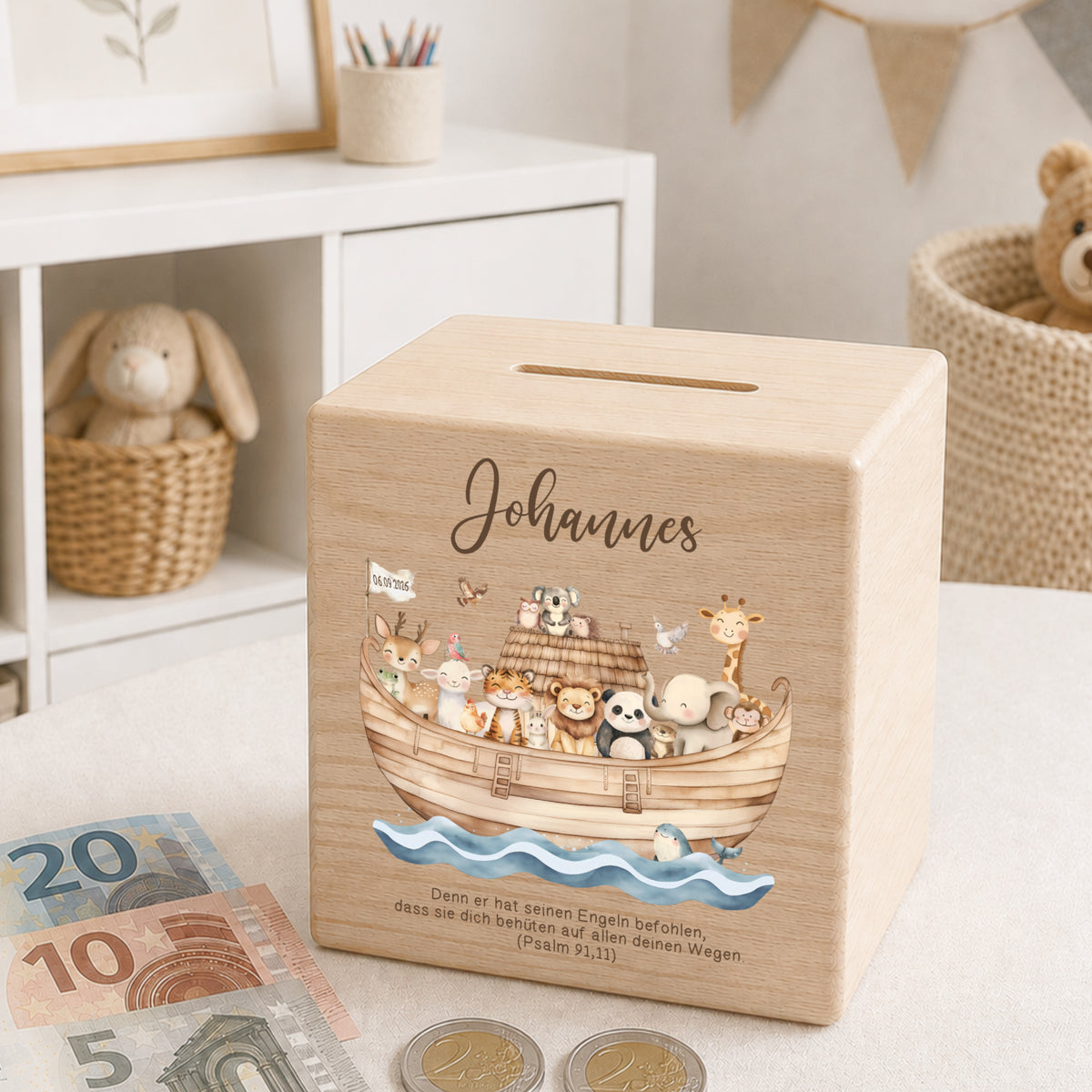 Holzspardose für Taufkinder personalisiert mit Namen + Spruch als Geschenk zur Taufe mit Arche Noah