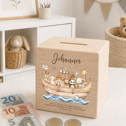 Holzspardose für Taufkinder personalisiert mit Namen + Spruch als Geschenk zur Taufe mit Arche Noah
