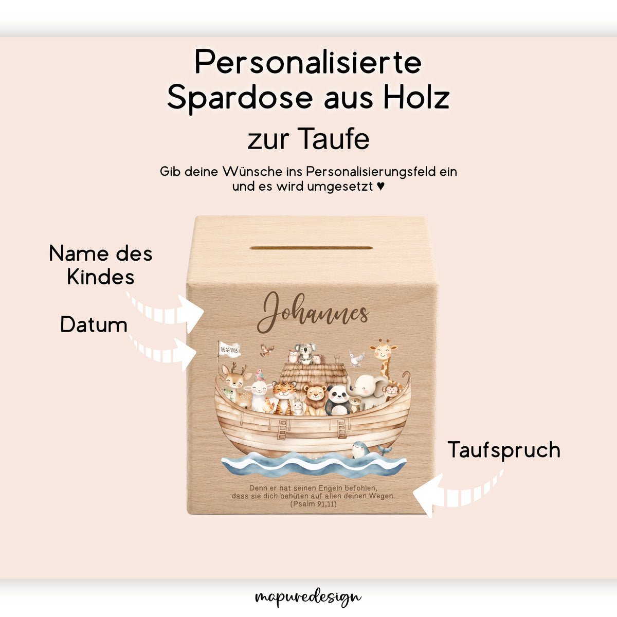 Holzspardose für Taufkinder personalisiert mit Namen + Spruch als Geschenk zur Taufe mit Arche Noah