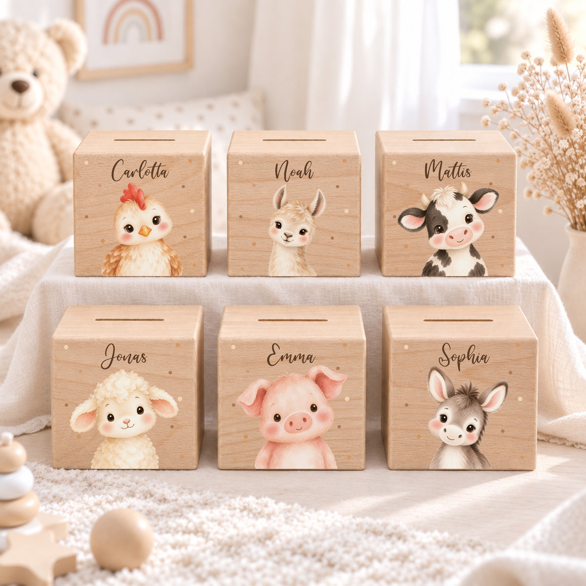 Holzspardose für Kinder personalisiert mit Namen mit Auswahl an Bauernhoftieren