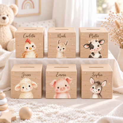 Holzspardose für Kinder personalisiert mit Namen mit Auswahl an Bauernhoftieren